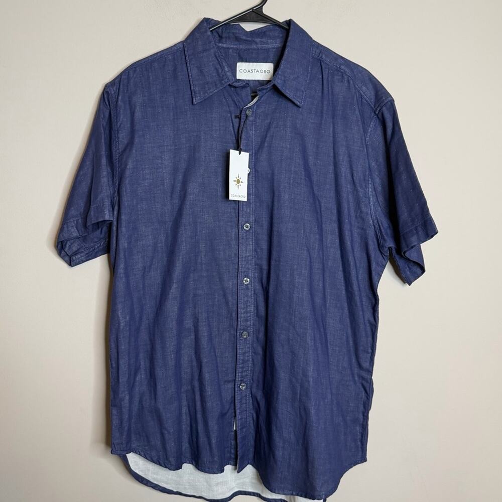 Coastaoro NWT! Mens Dark Blue Short Sleeve Button-Down Shirt Size Large